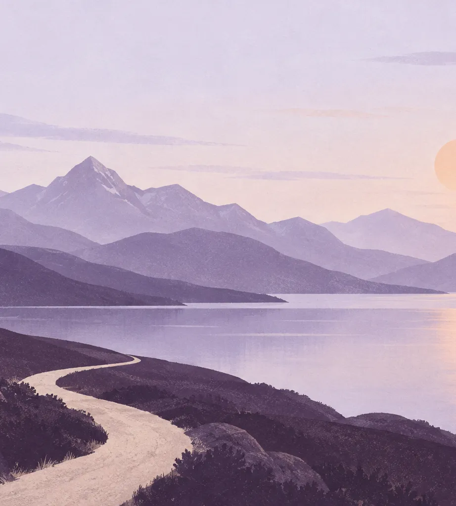 Quiet hills and a winding path beside the water.